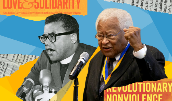 Decorative digital collage containing a historical black-and-white photo of a young Rev. James Lawson Jr. alongside a full-color present day photo.